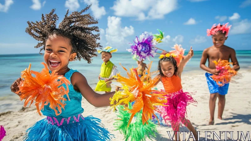 Kids Celebrate Carnival on Sandy Beach AI Image