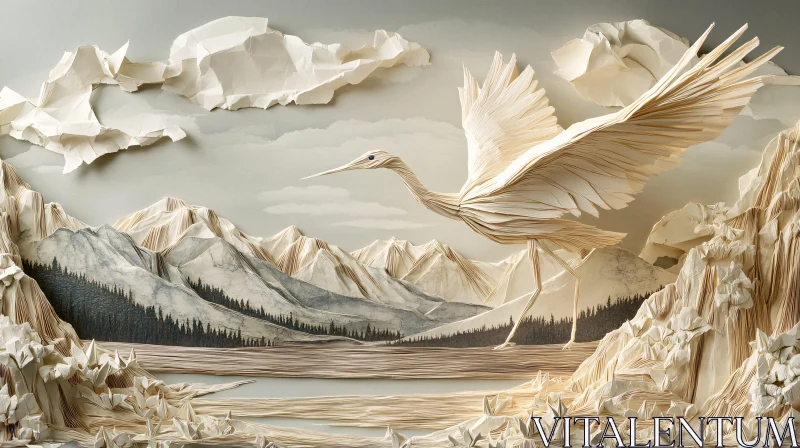 Paper Crane Over Mountain Scene AI Image