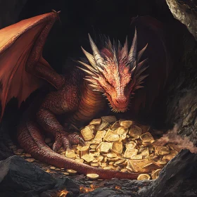 Red Dragon guarding gold in cave