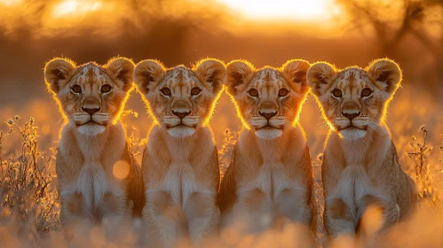 Four Lion Cubs at Sunset