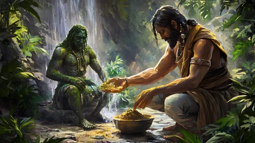 Man and Statue in Jungle