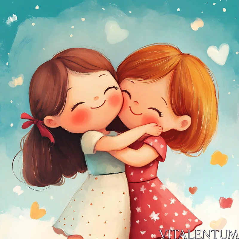 Cartoon Girls Hugging in a Sky of Hearts AI Image