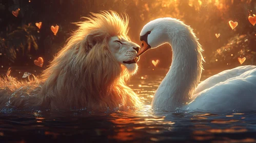 A Lion and Swan in Water