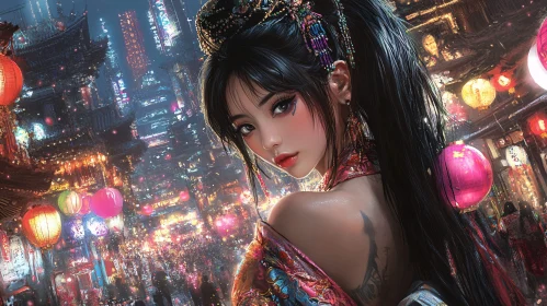 Woman in Cityscape with Lanterns