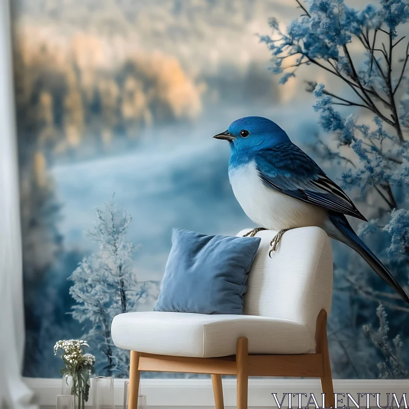 Blue Bird in Winter Scene AI Image