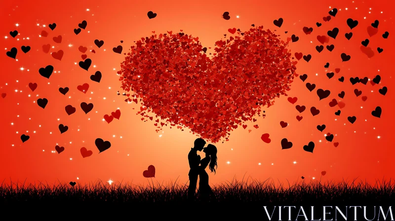 Silhouette Couple Heart Tree Sunset AI Image