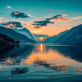 Tranquil Lake at Sunset with Mountains