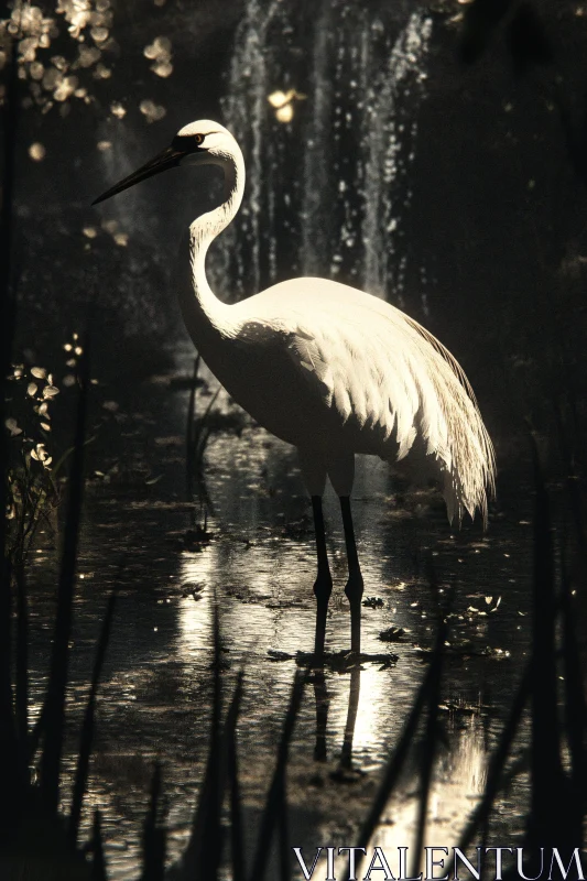 Serene Heron Reflection in Dark Water AI Image