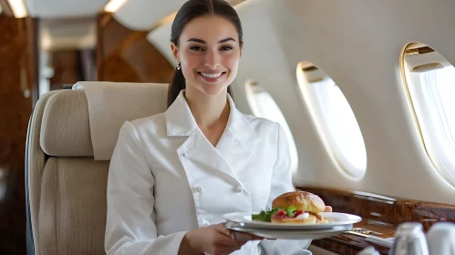 Smiling Woman Enjoying Gourmet Meal in Opulent Airplane