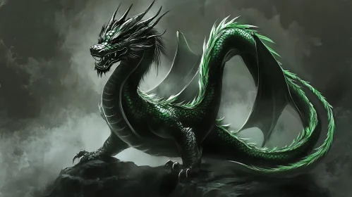 Green Dragon Perched on Rock