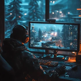 Gaming in a Cozy Room Overlooking Snowy Scenery
