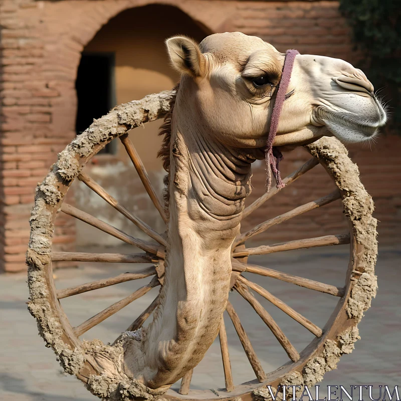 Camel and Wooden Wheel Composition AI Image