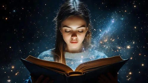 Girl Reading a Magical Book