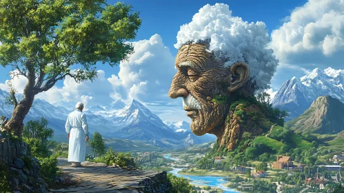 Mountain Face and Man Surreal Scene