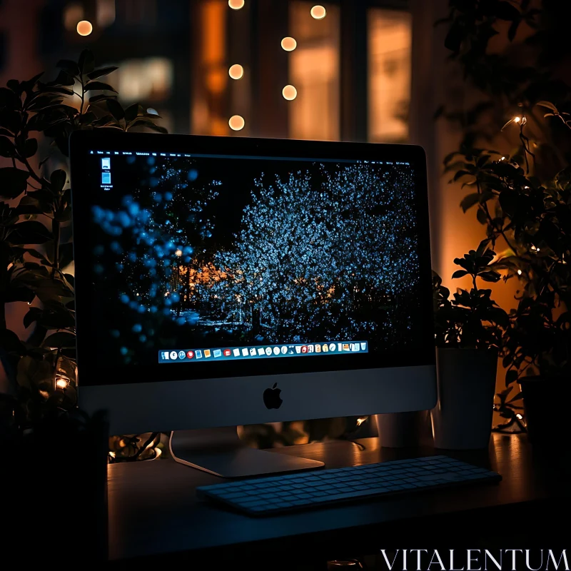 Nighttime Workspace with Warm Lighting and Plants AI Image