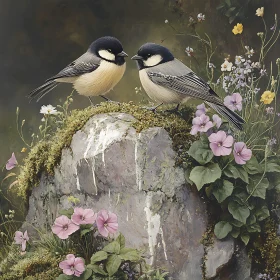 Two Birds Resting on Rock