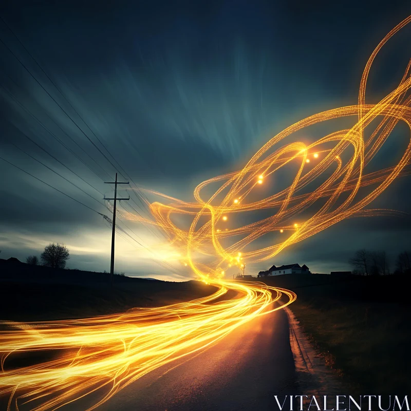 Electrifying Rural Road with Light Streaks AI Image