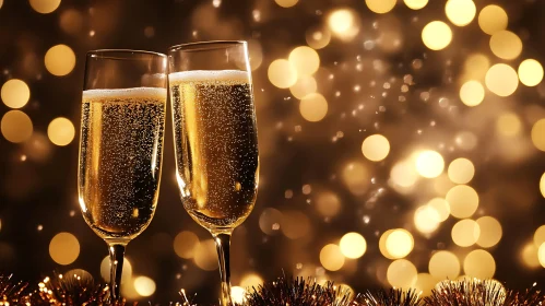 Golden Champagne Flutes Bokeh Background