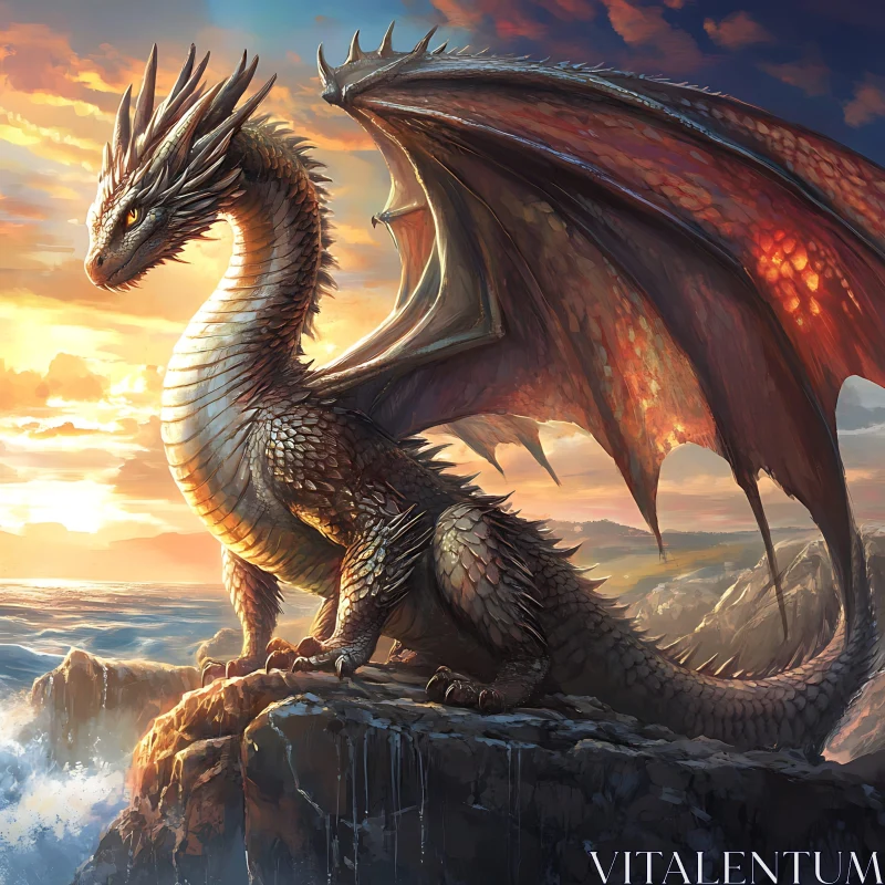 Sunset Dragon on the Rocks AI Image