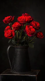 Bouquet of Red Roses in Rustic Vase