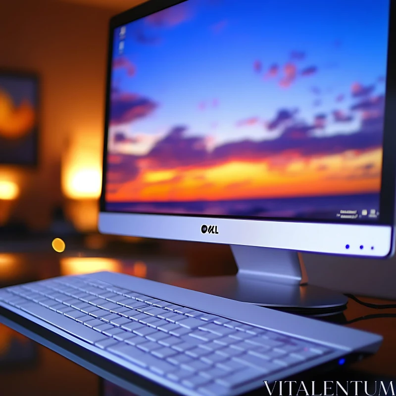 Computer Monitor with Sunset Wallpaper AI Image