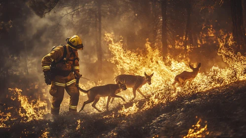 Heroic Firefighter and Deer in Wildfire