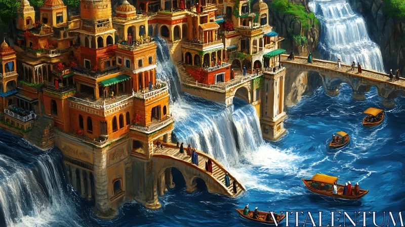 AI ART Unique Architecture with Waterfalls