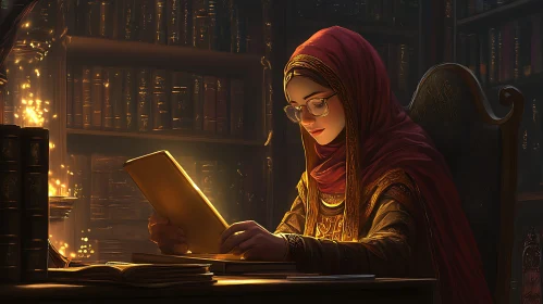 Serene Reader in a Golden Library