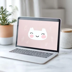 Cute Cartoon Illustration on Laptop in Modern Workspace