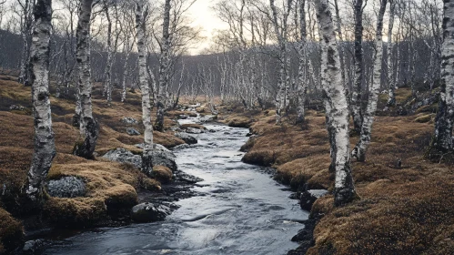 Autumnal Forest with Birch Trees and Flowing Stream