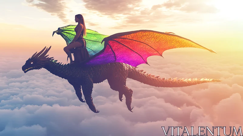 AI ART Woman Riding Dragon in Sky