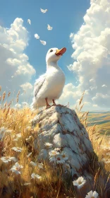 Serene Duck on a Countryside Rock