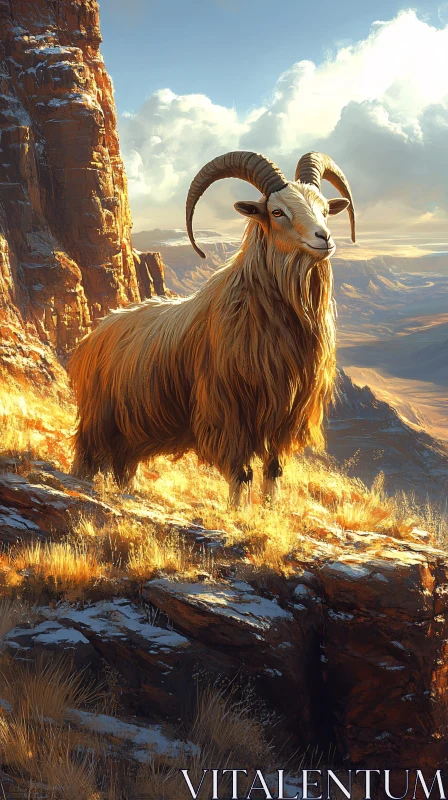 Sunlit Goat on Rocky Mountain AI Image