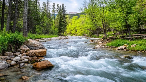 Forest River with Rocky Banks and Green Foliage