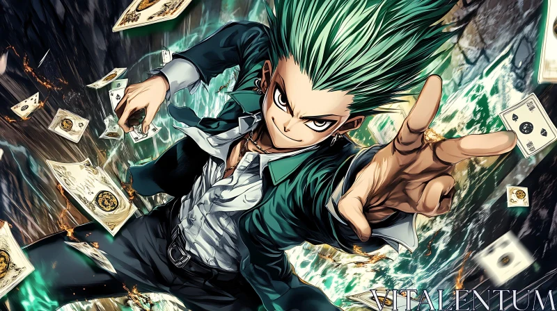 AI ART Green-Haired Anime Character with Playing Cards