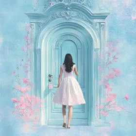 Elegant Woman and Ornate Doorway Scene
