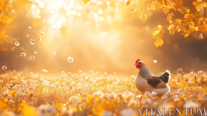 Sunlit Chicken in Autumn Field AI Image