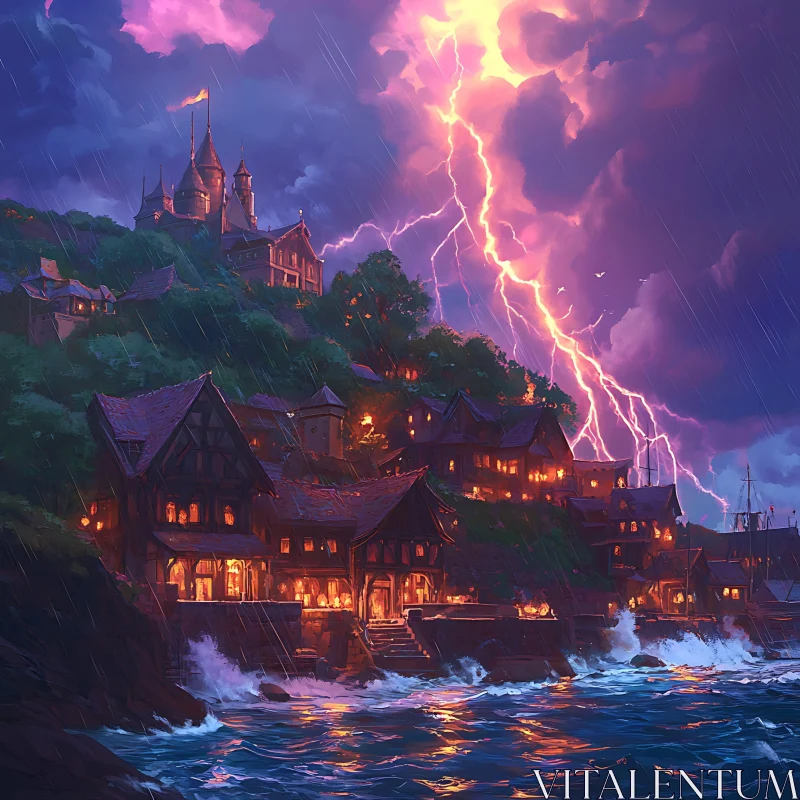 AI ART Coastal City Under Lightning Storm