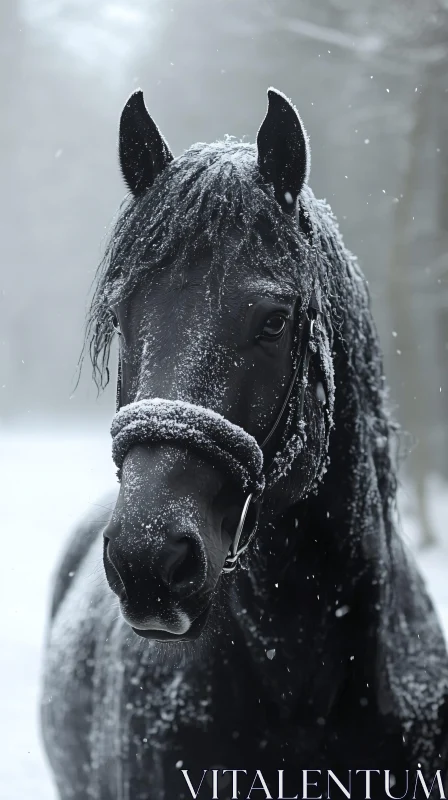 AI ART Winter Elegance: Black Horse in Snow