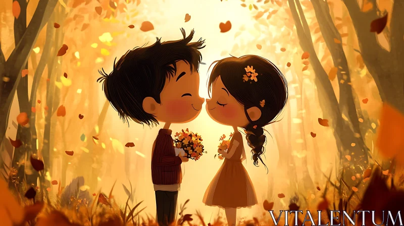 AI ART Autumnal Love: A Sweet Cartoon Kiss