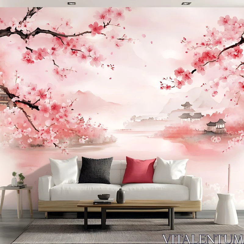 Serene Living Room with Cherry Blossom Decor AI Image