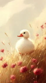 Duckling and Wildflowers on Sunlit Hill