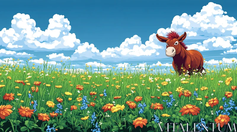 AI ART Cheerful Donkey in a Flower-Filled Field