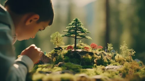 Captivating Artwork: A Boy Contemplates a Miniature Island with a Small Tree