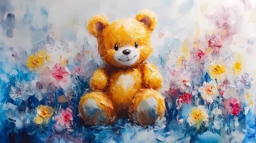 Whimsical Teddy Bear with Vibrant Flowers