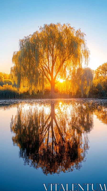 AI ART Golden Sunlight Through Willow Tree