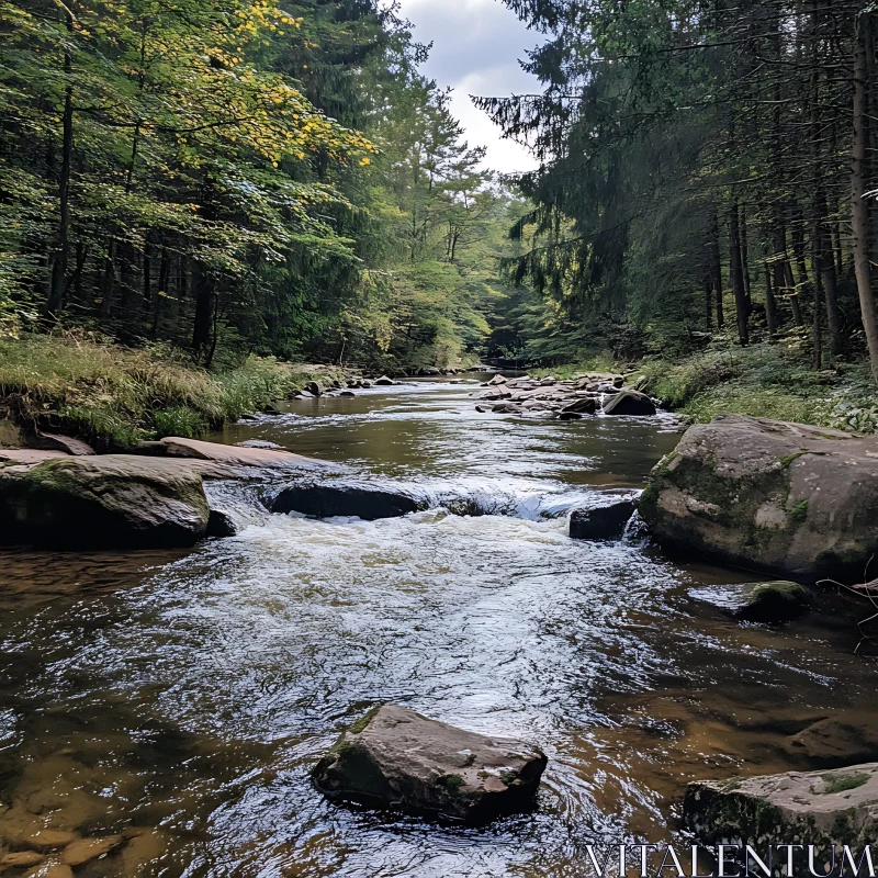 Tranquil Forest River with Rocks and Trees AI Image