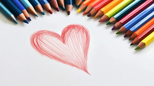 Colorful Pencils and Red Heart Drawing