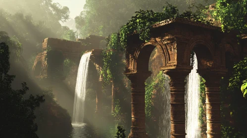 Serene Waterfall Landscape with Ancient Ruins