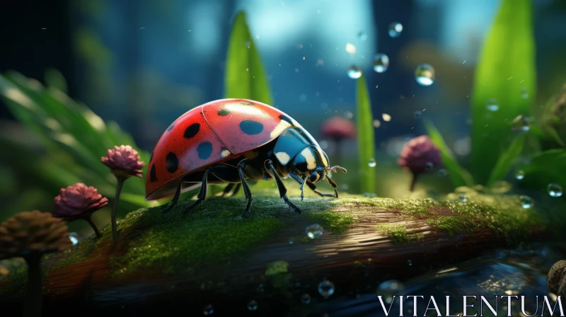 Enchanting Ladybug in Rain Garden Wallpaper AI Image